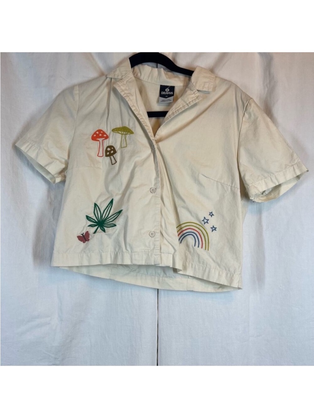 Dravus 100% cotton Buzz embroidered cream boxy crop button up shirt